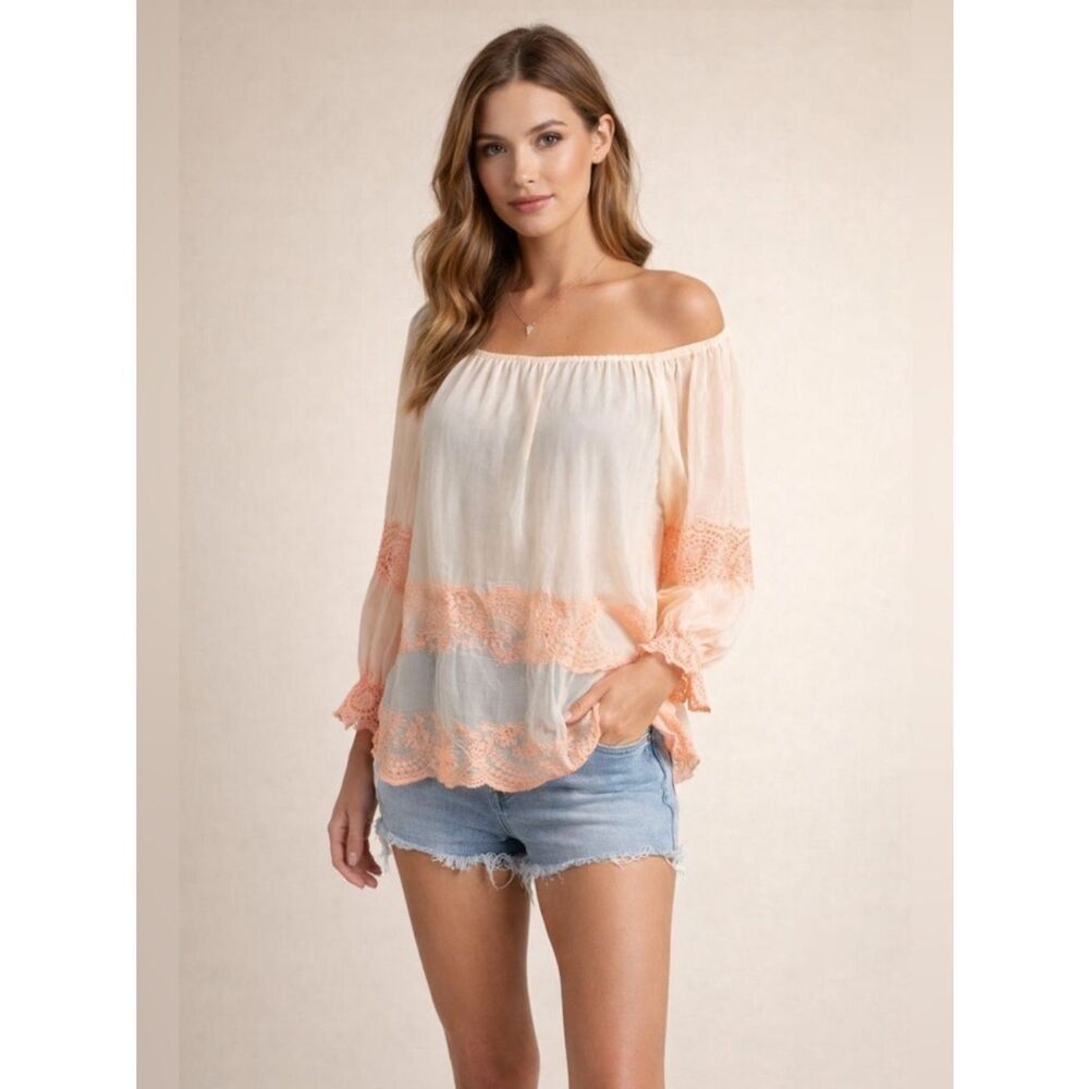 Freeway Peach Sheer and Lace Blouse